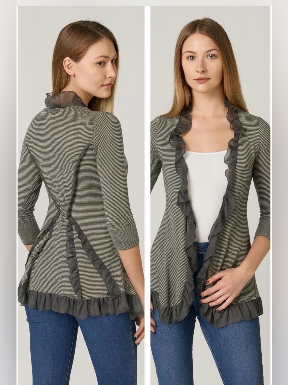 Guinevere
Anthropologie Olive Green Striped
Ruffle Open Front Cardigan Sz S
